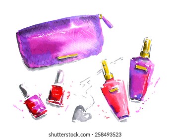 The set of pink cosmetics. Watercolor vector illustration