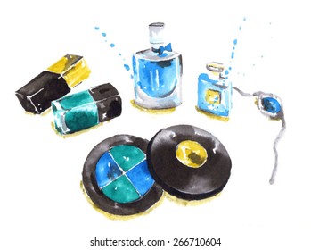 The set of pink cosmetics. Watercolor vector illustration