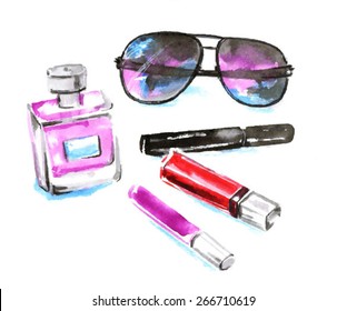 The set of pink cosmetics. Watercolor vector illustration