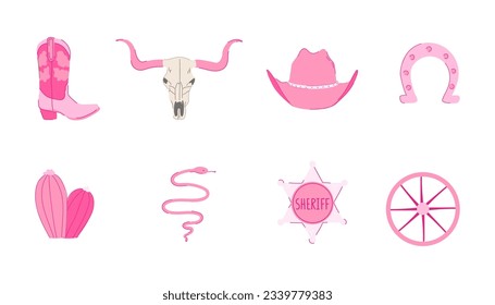 A set of pink cowboy western design elements. Wild west concept.