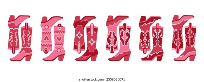 Juego de botas de vaquera rosadas. Botas de vaquera rosadas con detalles decorativos. Ilustración. Vector