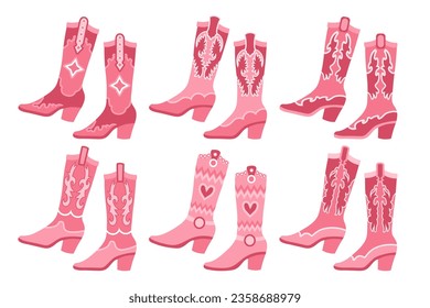 Set of pink cowgirl boots. Pink cowgirl boots with decorative details. Illustration. Vector