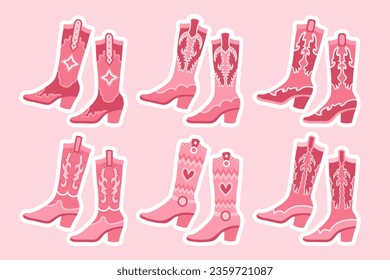 Set of pink cowgirl boots. Pink cowgirl boots with decorative details. Various cowgirl boots, stickers.  Cowboy western theme, wild west, texas. Illustration. Vector 