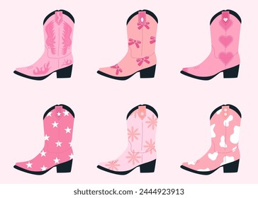 Set of pink cowgirl boots with different ornaments. Wild West fashion style. Collection of retro elements. Women cowboy accessories. Vector flat vector illustration.