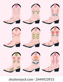 Set of pink cowgirl boots with different flowers ornaments. Wild West fashion style. Collection of retro elements. Women cowboy accessories. Vector flat vector illustration.