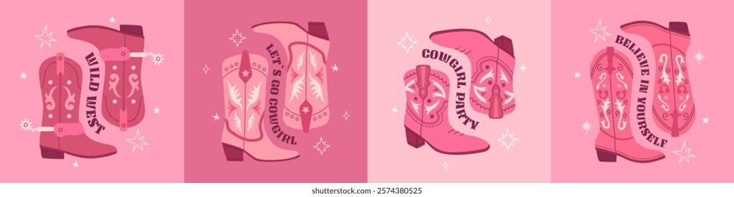 Set pink cowgirl boots with ornament. Trendy phrase print, party poster Cowboy western and wild west theme. Hand drawn vector illustration