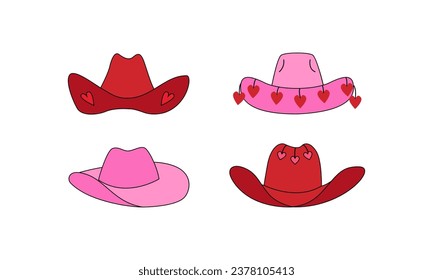 Set of pink cowgirl hats with hearts. Vector outline illustration in retro style. Cowboy girly accessories