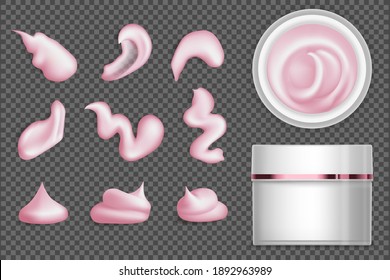 Conjunto de crema rosa o gotas de loción con un frasco de maquillaje. Pieza de pintura vectorial o ilustración de crema para el diseño. Elementos hidratantes cosméticos. Vista superior y lateral