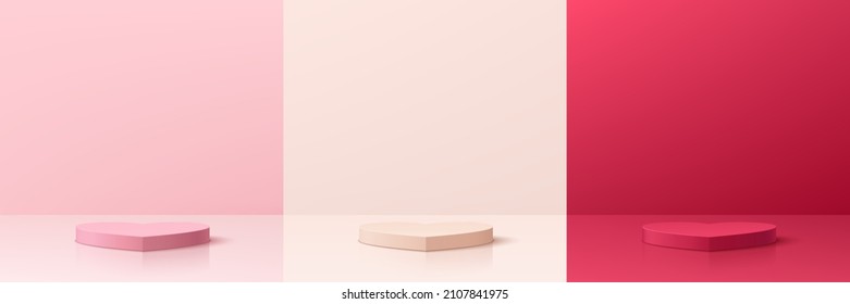 Set of pink, cream and red 3D abstract room with pedestal podium heart shape. Pastel inimal scene for valentine product display presentation. Vector rendering geometric platform. Stage for showcase.
