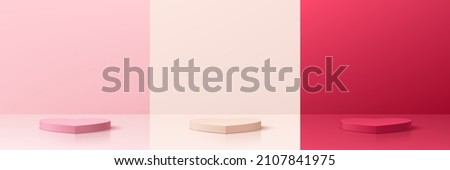 Set of pink, cream and red 3D abstract room with pedestal podium heart shape. Pastel inimal scene for valentine product display presentation. Vector rendering geometric platform. Stage for showcase.