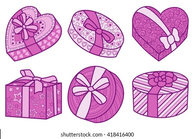Set of pink and crimson boxes for gifts for any holiday. Vector illustration on white background