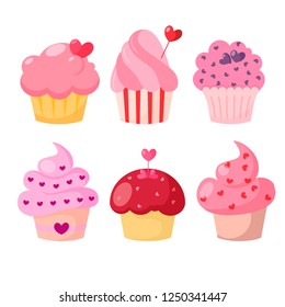 Set of pink cupcakes with hearts. Vector illustration on white background 