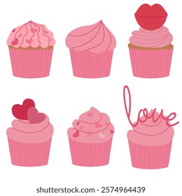 A set of pink cupcakes for Valentine's Day. Cupcakes with hearts.
