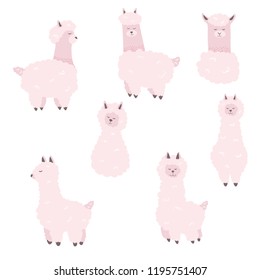 set of pink cute alpacas isolated