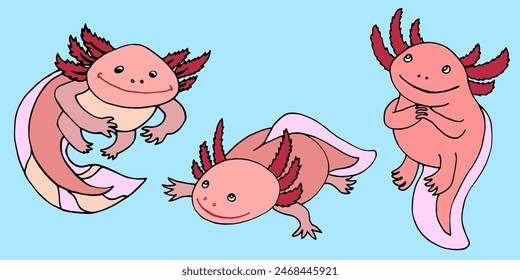 set of pink and cute axolotls in cartoon style vector images on a blue background