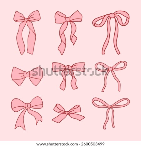 Set of pink cute bows in a flat style. Trendy accessories for girls. Coquette vintage  Hand drawn vector illustration  in doodle style.	