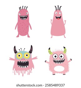 Set of Pink Cute Crazy Ugly Monster Mascot Cartoon Character with Humor Happy Expression