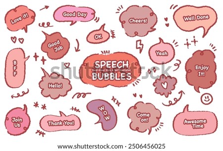 Set of pink cute dialog box with phrase. Hand drawn with crayon drawing memo sticker. Doodle style chat frame. Cartoon thinking balloon. Speech bubble with short message. Label. Awesome, Best day, WOW