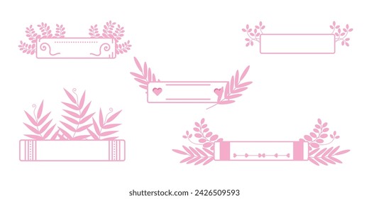 Set of pink cute horizontal frames with space for text. Empty ribbon with plants pink tape isolated. Laurel template collection. Hand-drawn doodle isolated vector art illustration