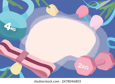 A set of pink cute illustration showcasing essential fitness equipment, including dumbbells, kettlebells, yoga mats, and hip bands, each designed to empower physical body.