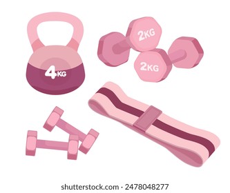 A set of pink cute illustration showcasing essential fitness equipment, including dumbbells, kettlebells, yoga mats, and hip bands, each designed to empower physical body.