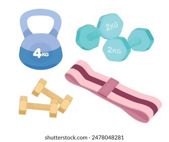 A set of pink cute illustration showcasing essential fitness equipment, including dumbbells, kettlebells, yoga mats, and hip bands, each designed to empower physical body.