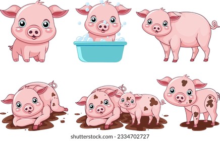 Set of pink cute pig cartoon character playing mud illustration