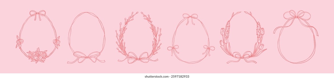 Set of pink cute vintage doodle easter frames. Whimsical minimalist trendy hand drawn bow ribbon borders. Handwritting spring coquette background. Celebration invitation. Botany girly design