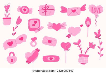 Set of pink Valentine’s Day elements. Hearts, flowers, love symbols, gifts, envelopes with wings, speech bubble, photo frame. Ideal for romantic designs, greeting cards, stickers, and decor.