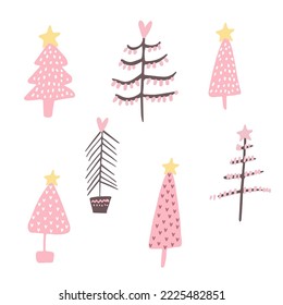 Set of pink decorated christmas trees