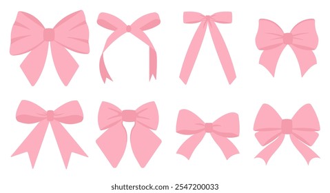 Set of pink decorative bows in flat style. Concept for gift wrapping, celebrations and decorations. Vector illustration