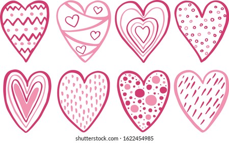 A set of pink decorative hand-drawn hearts