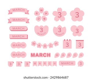 A set of pink decorative illustrations with a spring concept in March. Cherry blossom, flower, label, ribbon, garland, butterfly, calendar, note, speech bubble, tag, calendar shape design.