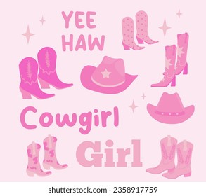 set of pink different COWGIRL boots, hat, inscription. the concepts of the cowboy western and the wild West. vector illustration