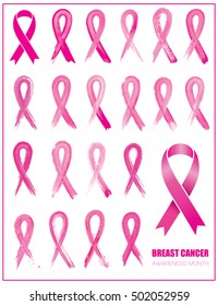 Set of pink different ribbons, breast cancer awareness symbol, isolated on white background. Vector illustration.