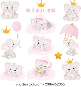 Set with pink digital elements of baby girl elephant
