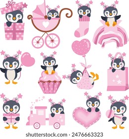 Set of pink digital elements of cute baby girl penguin