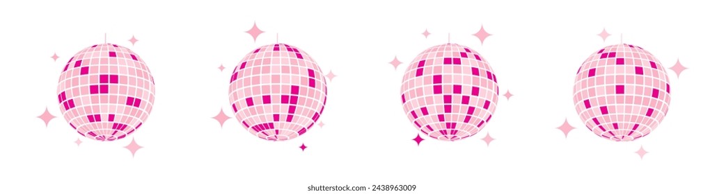 Conjunto de discoballs rosados. Fiesta de música nocturna con bolas de espejos en los años 70 80 90 estilo discoteca. Brillantes globos de discoteca con brillos. Símbolos nocturnos, festivos o de celebración. Ilustración plana vectorial.