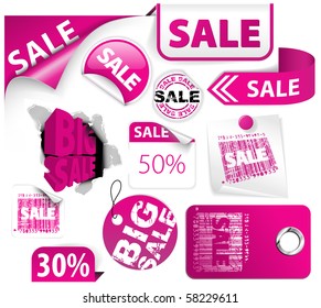 Set of pink discount tickets, labels, stamps, stickers, corners, tags