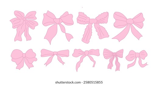 
A set of pink doodle bows and ribbons in a hand-drawn style. Charming vector illustrations perfect for posters, cards, wedding invitations, gift wrapping, fashion designs, and festive decorations.