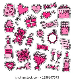 Set of pink doodle stickers or patches for Valentine's day isolated on grey background.