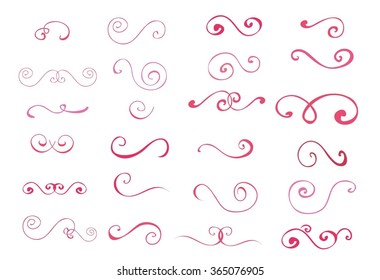Set of pink doodles spirals and swirls. Hand draw spirals and swirls collection. Decorative design elements for wedding or invitation card.
