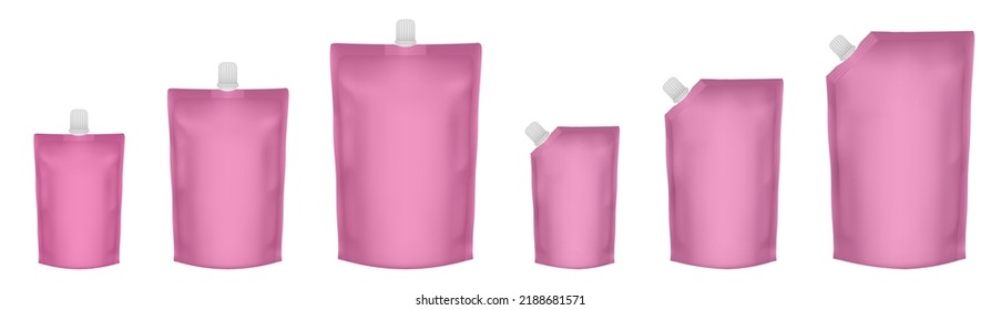 Set of pink doypack packaging with screw cap. Blank foil drink bags pouches with spout. Stand up doy pack mock up set. Cosmetic refill	
