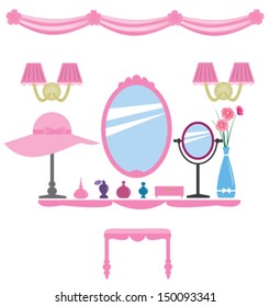 Set of pink dressing room elements, for wall decals, princess style