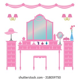 Set of pink dressing room elements for girls, vintage style