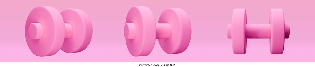 Set Pink Dumbbell Realistic icon, 3d render. Isolated on white backround. Sport And Fitness design set. Vector illustration for shop, flyer, banner, web, advertising, sale