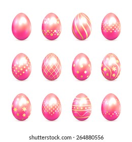 Set of pink Easter eggs with decorative patterns isolated on white background, illustration.