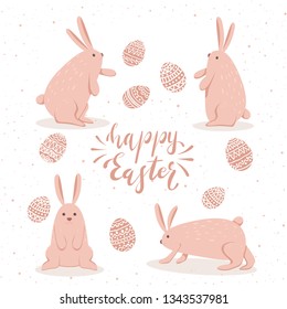 Set of pink Easter rabbits with eggs on white background, illustration.