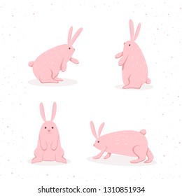 Set of pink Easter rabbits on white background, illustration.