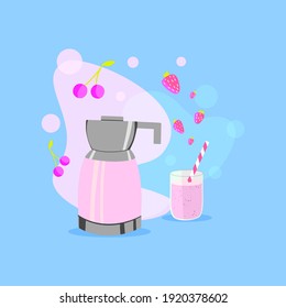set of pink electric coffee pot and glasses with milkshake on a blue background. soaring strawberries and cherries around. vector illustration.